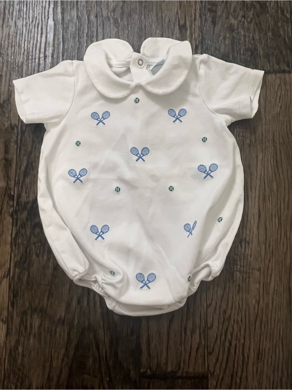 Edgehill Collection White Baby One-Piece with Blue Tennis Motifs